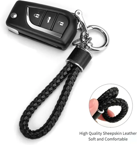 Vista 3 de Tukellen Llavero de tejido de cuero para automóvil, llavero de regalo para mujer, con anillo en D giratorio de 360 grados y destornillador