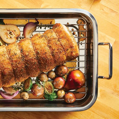 Vista 5 de Farberware Classic Traditions - Asador/sartén para asar de acero inoxidable con estante, 17" x 12.25