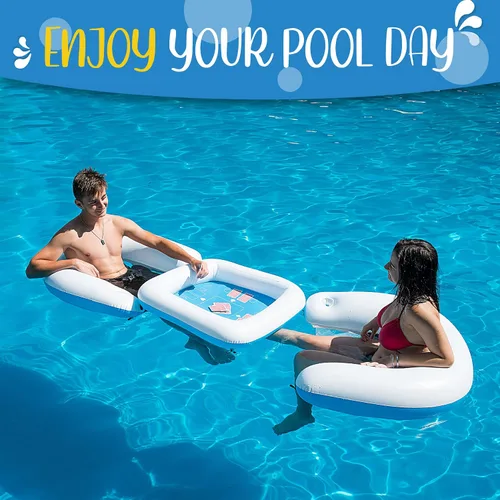 Vista 8 de ZONETECH Mesa de juego inflable y sillas con cartas de juego impermeables, mesa flotante para piscina para adultos, familia, fiesta, juego