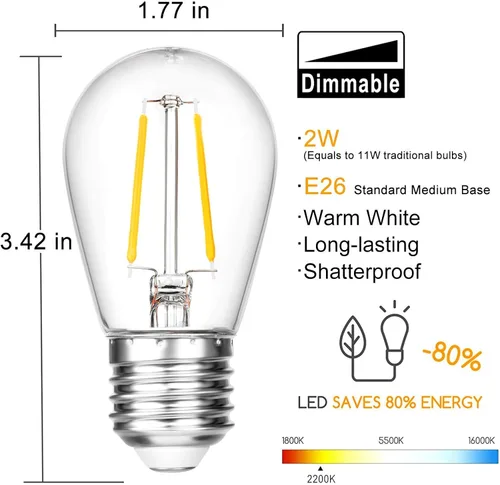 Vista 2 de VISTERLITE Bombillas LED de repuesto S14 inastillables, 2 W, equivalente a 11-25 vatios, blanco cálido 2200 K, tira de luces para exteriores