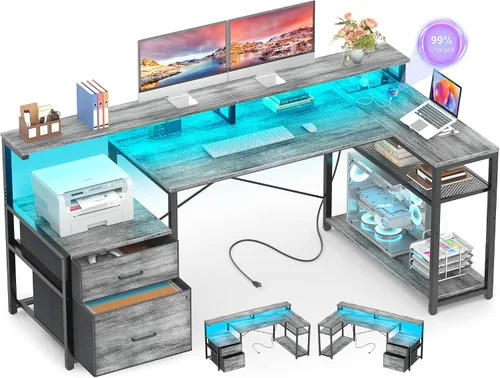 Vista 9 de Aheaplus Escritorio en forma de L con cajón de archivos, escritorio reversible en forma de L para computadora y juegos con toma de corriente