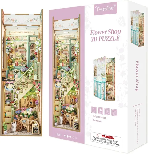 Vista 7 de Tonecheer Kit de rincón de libros para adultos, rompecabezas 3D de madera de Booknook, kit de casa en miniatura, decoración de estantería