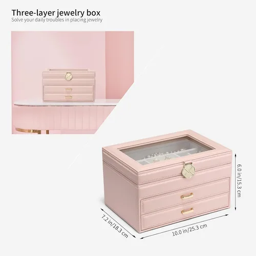 Vista 7 de Vlando Joyero para niñas y mujeres, organizador de joyas con tapa de vidrio con 2 cajones para regalos, almacenamiento grande de 3 capas
