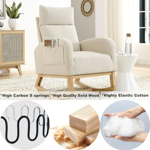 Vista 4 de Nursery Rocking Chair Teddy Modern Upholstered Glider Rocker Rocking Accent Chairs with Two Side Pocket ＆ High Backrest Comfy Reading Chair for Beige