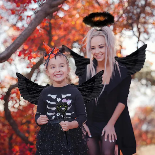 Vista 5 de Alas de ángel, alas de ángel y halo para mujer, disfraz de disfraz de Navidad y Halloween Negro