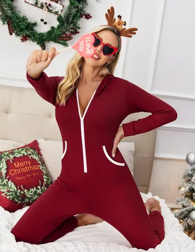 Vista 5 de Ekouaer Pijama de Navidad con capucha para mujer, manga larga, con cremallera, ropa de dormir novedosa
