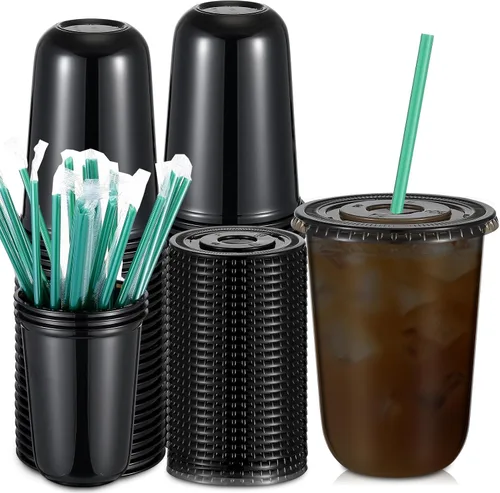 Vista 8 de Baderke Juego de 25 vasos de plástico con tapas y pajitas, tazas de plástico desechables para café helado, jugo, batido, cristal para cafeterías