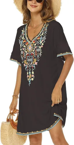 Vista 2 de AK Vestido campesino mexicano bohemio de verano para mujer, manga corta, floral, bordado, suelto, hippie, túnica bohemia