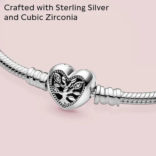 Vista 4 de Pandora Moments Family Tree Heart Clasp Snake Chain Bracelet - Compatible Moments Charms - Sterling Silver, Cubic Zirconia & Black Enamel Charm