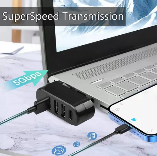Vista 7 de Hub USB 3.0 [90°/180° grados giratorio], extensor divisor USB de 4 puertos con 3 puertos USB y 1 puerto USB C de alimentación/datos, concentrador