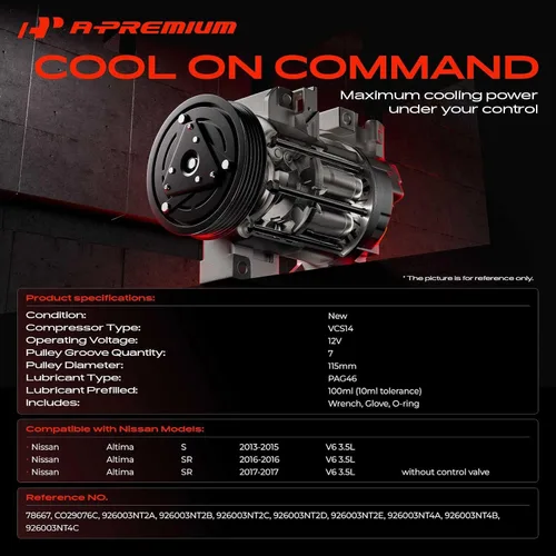 Vista 2 de A-Premium Compresor de aire acondicionado de CA con embrague compatible con Nissan Altima (modelo S) 3.5L 2013-2015, Altima (modelo SR) 3.5L