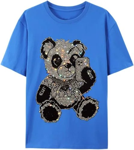 Vista 9 de HZCX FASHION Camiseta con strass brillante para Hombres y Mujeres, manga corta, con pedrería, para festivales de rock, con gemas, de algodón