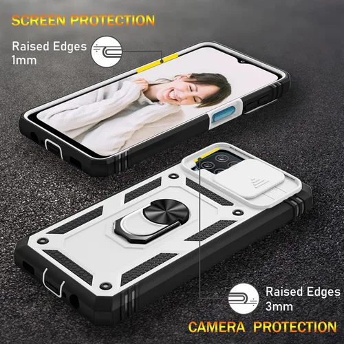 Vista 6 de Jeylly Funda para Galaxy A12 con cubierta deslizante para cámara, protector de pantalla de vidrio templado, protección híbrida de policarbonato duro