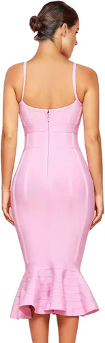 Vista 2 de Maketina - Vestido tipo sirena con tirantes delgados y cuello en V para mujer, vestido midi ajustado estilo bandage, ideal para cóctel