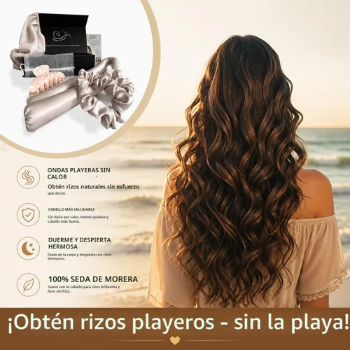 Vista 2 de Sleep 'N Curl - 100% seda de morera pura - Kit de rizador de pelo sin calor con gorro de seda pura (gorro)