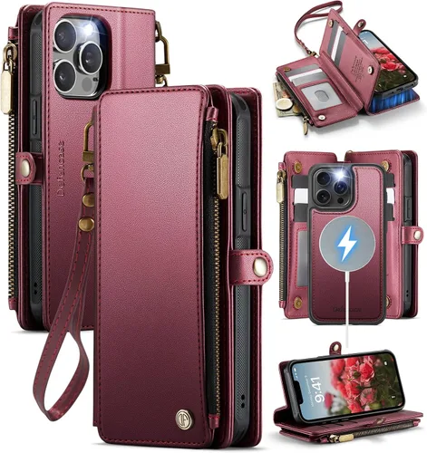 Vista 18 de Defencase Funda magnética para iPhone 13 Pro compatible con Magsafe con bloqueo RFID, correa de cremallera y tarjetero para mujer, funda de piel