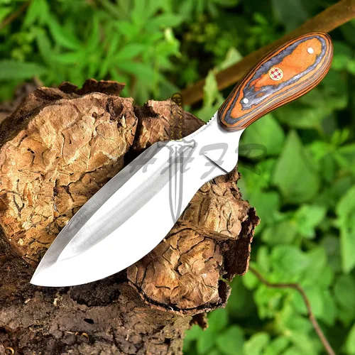 Vista 4 de Cuchillo Bowie - Acero D2, mango de madera PAKKA de 9", naranja, táctico y para exteriores, con funda - KE-0549-HK