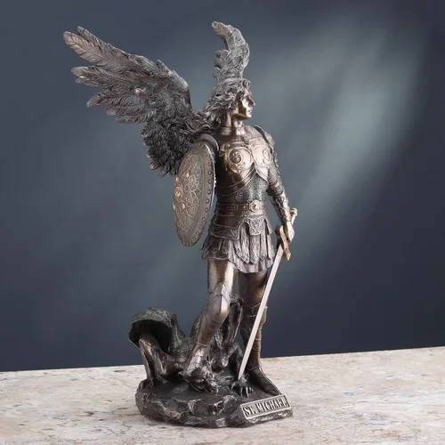Vista 8 de Unicorn Studio 12 7/8 pulgadas Arcángel San Miguel resina fundida en frío bronce acabado escultura regalo religioso decoración del hogar estatua