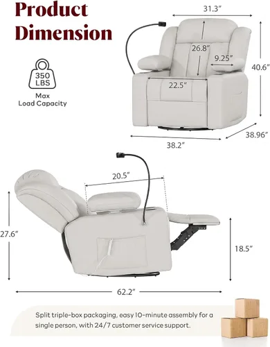 Vista 2 de Silla reclinable giratoria eléctrica con reposabrazos ajustables