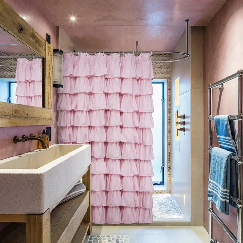 Vista 2 de Volens - Cortina de baño de tela con volantes, estilo rústico de granja, color rosa, para baño, 72" x 72