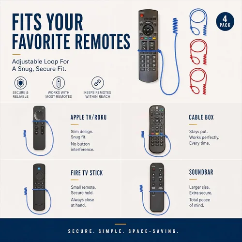 Vista 3 de Perfect Curve Paquete de 4 Correas de Silicona con Cable Remoto - Cordón Ajustable para Control Remoto de TV para Ajuste Cómodo, Nunca Pierdas tu