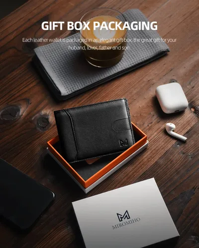 Vista 3 de MIROMIHO Cartera delgada de cuero genuino para hombres minimalista plegable bloqueo RFID con caja de regalo, 0-negro natural TQB01, Minimalista