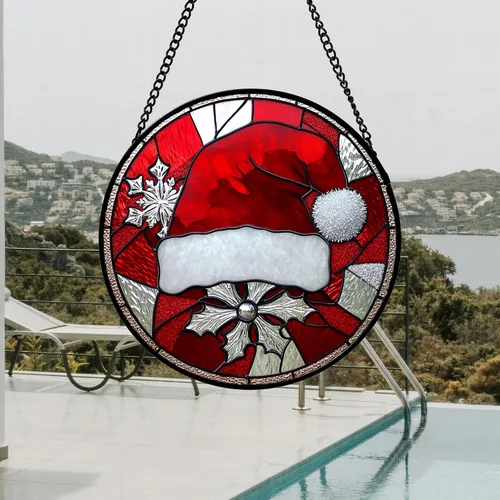 Vista 3 de DASTOLL Juego de 4 Piezas de Decoración Colgante para Ventana de Vidrio Manchado Rojo Temática de Navidad 16 cm - Atrapasoles para Puerta, Jardín
