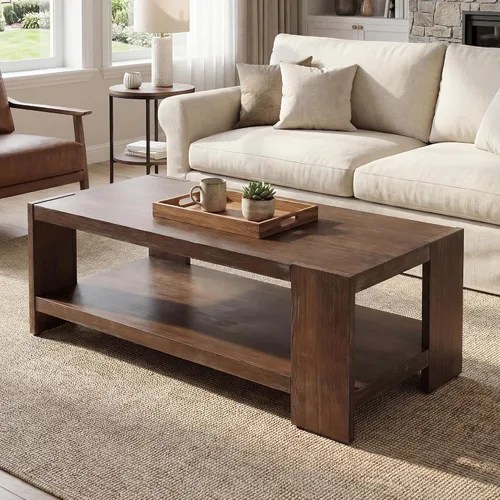 Vista 5 de chairus Mesa auxiliar de 47 pulgadas con almacenamiento de 2 niveles, mesa central rectangular de granja con patas de madera de pino maciza