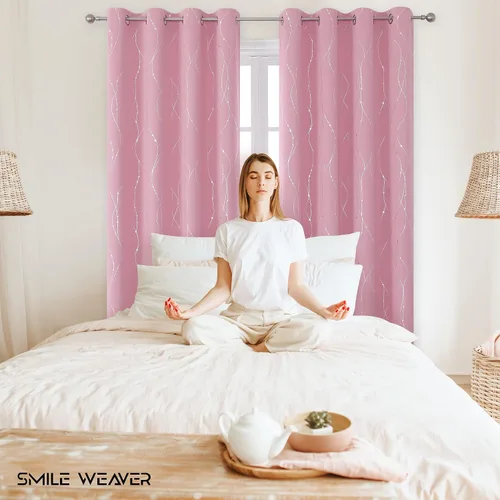 Vista 2 de SMILE WEAVER Cortinas opacas rosas para sala de estar de 96 pulgadas de largo, 2 paneles, cortinas de oscurecimiento de habitación de niñas, diseño