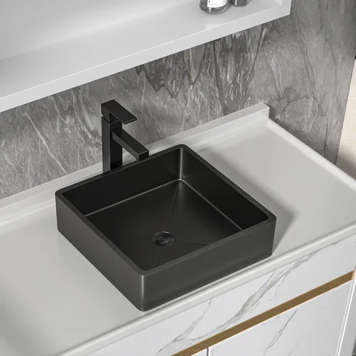 Vista 9 de Fregadero de recipiente blanco redondo - Fulorni 33x33 cm Lavabo de baño de cerámica de porcelana con borde dorado sobre encimera, fregadero