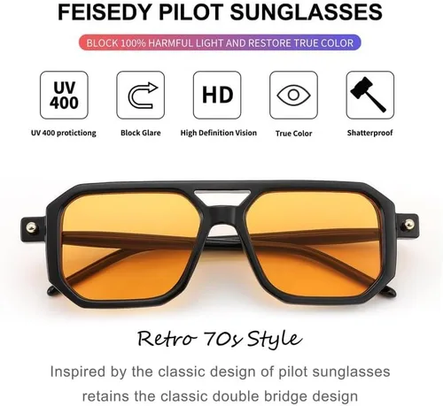 Vista 6 de Feisedy - B2622 - Lentes de sol estilo aviador, cuadrados, clásicos de los años 70, unisex, con montura clásica retro y elegante, UV400