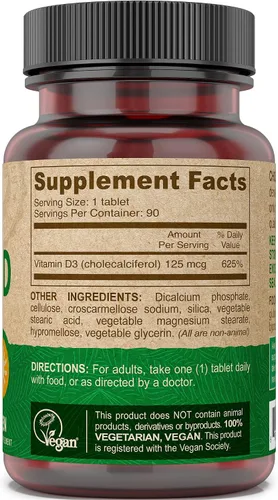 Vista 4 de DEVA Vitamina D3 5000 UI, suplemento de sol, 125 mcg de D3 vegano, botella de 90