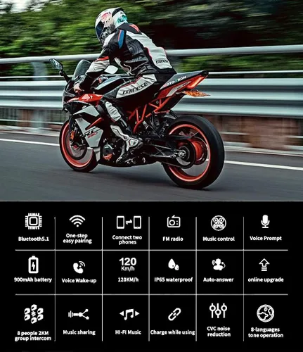 Vista 2 de Kit de intercomunicador Bluetooth para casco de motocicleta, casco de motocicleta con cancelación de ruido DSP/CVC, intercomunicador de casco de 8