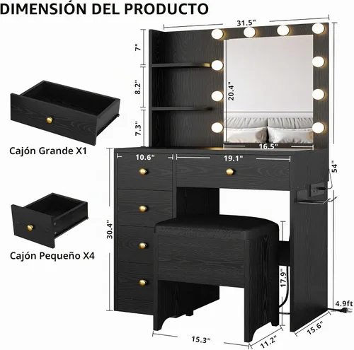 Vista 2 de IRONCK - Escritorio de tocador con espejo y luces, pequeña mesa de tocador de maquillaje con 5 cajones, toma de corriente y taburete de tocador, 3