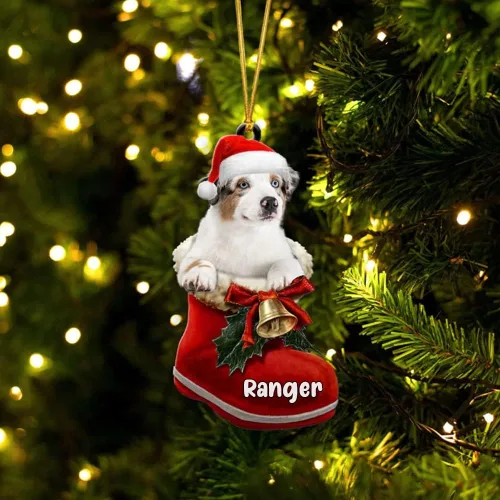 Vista 79 de Amantes de los perros de Navidad – Akita Inu Dog in Santa Boot Adorno de Navidad, adorno personalizado en forma 2D, adorno de Navidad, personaliza