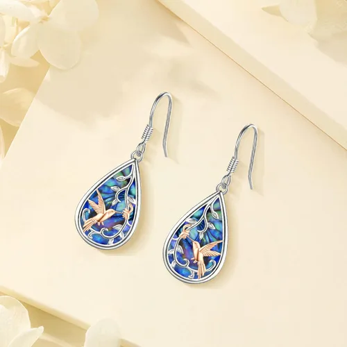 Vista 85 de Aretes colgantes de plata de ley con diseño de árbol de la vida, flor, abeja, animales, gato, colibrí, piedra lunar, turquesa, aretes con cierre