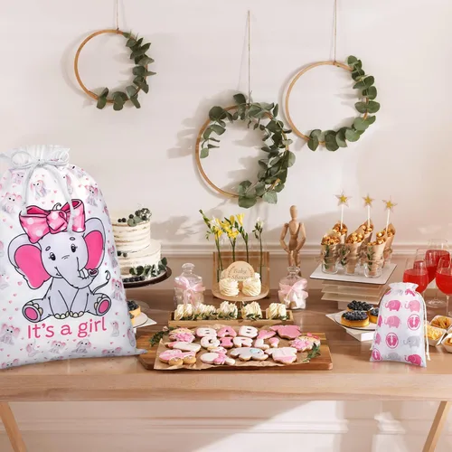 Vista 7 de Sadnyy 4 bolsas de regalo para baby shower, grandes elefantes rosas con cordón de tela, para baby shower, cumpleaños infantil, fiesta de revelación