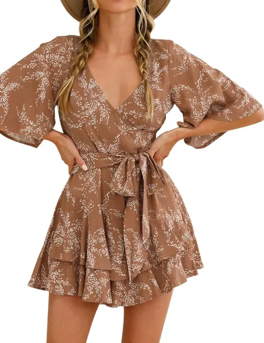 Vista 2 de Relipop Enterizo de verano para mujer, diseño floral, cuello en V, manga corta, cintura con nudo y dobladillo con volantes, overol corto casual