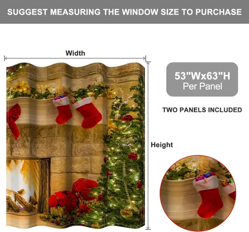 Vista 15 de Cortinas con adornos de Navidad impresos, cortinas para ventana de chimenea, calcetines de Navidad, árboles de Navidad, regalos, paneles opacos