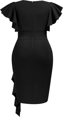 Vista 2 de Miusol Vestido de tubo vintage con cuello en V para mujer, manga con volantes, para negocios, cóctel, fiesta, talla grande