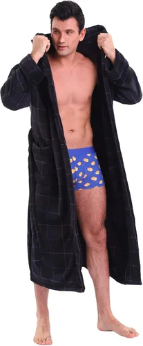 Vista 20 de KEMUSI Bata suave tipo herringbone con capucha para hombre, bata de spa de longitud completa, cómoda y cálida de noche Negro