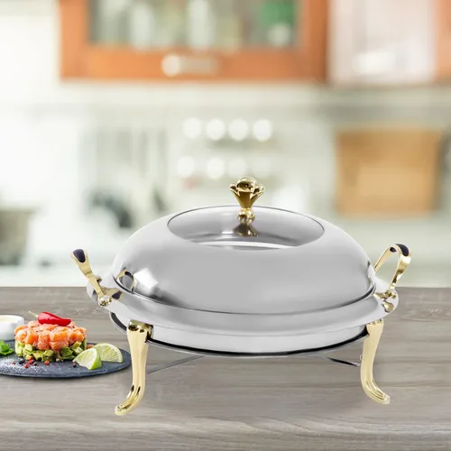 Vista 8 de Plato redondo para rozar, bandeja calentadora de bufé de acero inoxidable de 3.17 cuartos de galón con tapa y soporte de combustible para cocina