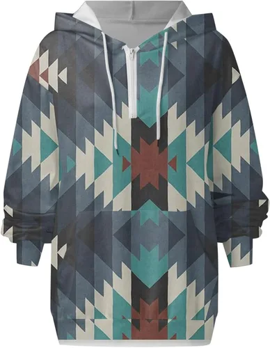 Vista 4 de Sudaderas con capucha estilo étnico azteca occidental para mujer, estilo casual, folk, manga larga, con bolsillo