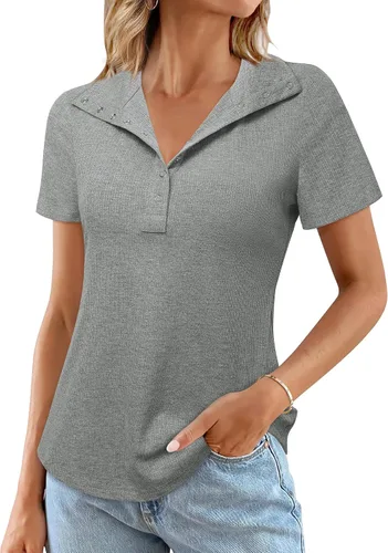 Vista 3 de MCKOL Blusa de manga corta con cremallera y ajuste holgado para mujer, estilo casual, con cuello
