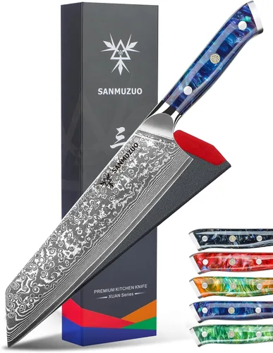 Vista 8 de Kiritsuke - Cuchillo de chef de cocina de 8.5 pulgadas, mango de acero de Damasco y resina de 67 capas, serie Xuan (naranja fantasía)