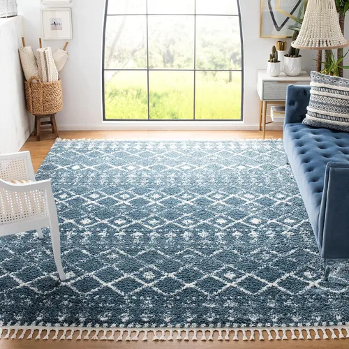 Vista 15 de SAFAVIEH Berber Fringe Shag Collection - Alfombra decorativa de 2 pies 2 pulgadas x 4 pies, color crema y azul, diseño, no desprende pelusa