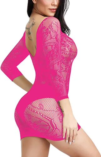 Vista 6 de Lencería de red para mujer, ropa de dormir con patrón Loong de malla, mini vestido de talla libre, body de una pieza