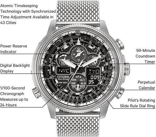 Vista 6 de Citizen Men's Promaster Navihawk A-T Eco-Drive Pilot Watch, Atomic Timekeeping, Chronograph, Power Reserve Indicator, Luminous Hands and Markers