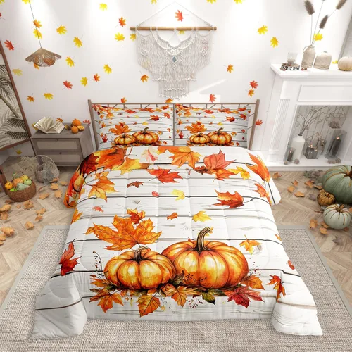 Vista 40 de Erosebridal Juego de edredón individual de pavo de Acción de Gracias, juego de ropa de cama de calabaza con hojas de otoño para niños y adultos