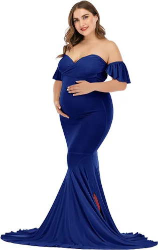 Vista 3 de ZIUMUDY Vestido de maternidad con hombros descubiertos y elegante para sesión de fotos, vestido de sirena envolvente para baby shower